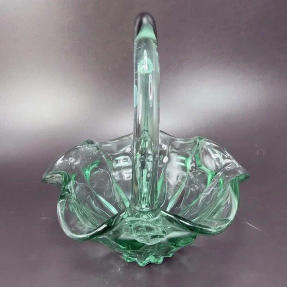 Vintage 1990s Fenton Sea Mist Green Glass Basket Ruffle‎ Edge Bowl W Handle VTG